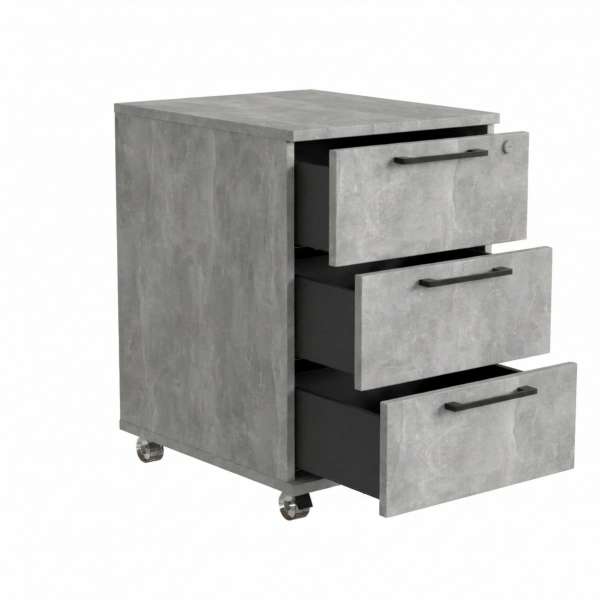 Kontenerek Pod biurko Na Kółkach Zamykany z 3 Szufladami Beton Jasny Max 02