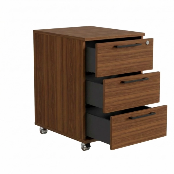 Kontenerek Pod biurko Na Kółkach Zamykany z 3 Szufladami Orzech Max 02