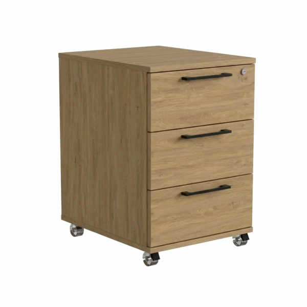 Kontenerek Pod biurko Na Kółkach Zamykany z 3 Szufladami Dąb Kamienny Max 01