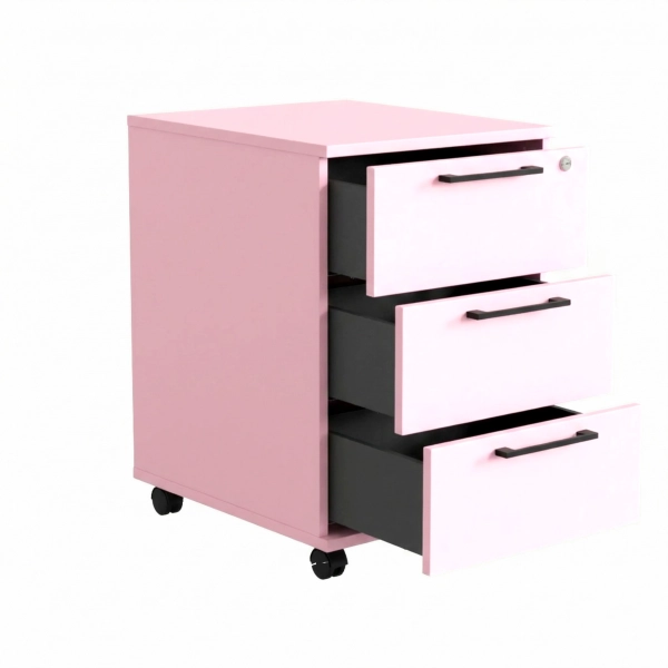 Kontenerek Pod biurko Na Kółkach Zamykany z 3 Szufladami Różowy Max 02