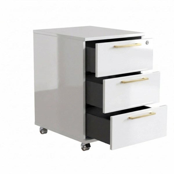 Kontenerek Pod biurko Na Kółkach Zamykany z 3 Szufladami Biały Połysk Max 02