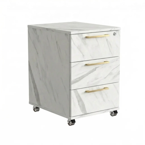 Kontenerek Pod biurko Na Kółkach Zamykany z 3 Szufladami Biały Marmur Max 01