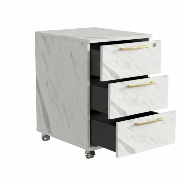 Kontenerek Pod biurko Na Kółkach Zamykany z 3 Szufladami Biały Marmur Max 02