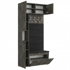 Garderoba Szafka Do Przedpokoju Na Buty z Siedziskiem Słupek Panele Tapicerowane Wieszak Beton Czarny Zestaw Nadstawka 01