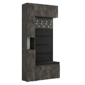 Garderoba Szafka Do Przedpokoju Na Buty z Siedziskiem Słupek Panele Tapicerowane Wieszak Beton Czarny Zestaw Nadstawka 02