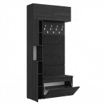 Garderoba Szafka Do Przedpokoju Na Buty z Siedziskiem Słupek Panele Tapicerowane Wieszak Czarny Onyx Zestaw Nadstawka