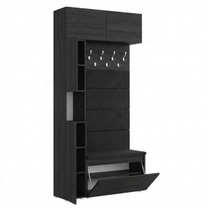 Garderoba Szafka Do Przedpokoju Na Buty z Siedziskiem Słupek Panele Tapicerowane Wieszak Czarny Onyx Zestaw Nadstawka 01