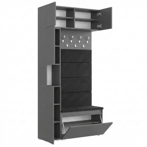 Garderoba Szafka Do Przedpokoju Na Buty z Siedziskiem Słupek Panele Tapicerowane Wieszak Antracyt Zestaw Nadstawka 01