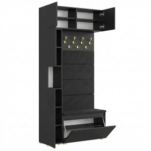 Garderoba Szafka Do Przedpokoju Na Buty z Siedziskiem Słupek Panele Tapicerowane Wieszak Czarna Zestaw Nadstawka 01