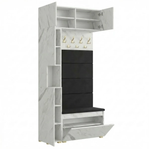 Garderoba Szafka Do Przedpokoju Na Buty z Siedziskiem Słupek Panele Tapicerowane Wieszak Biały Marmur Zestaw Nadstawka 01