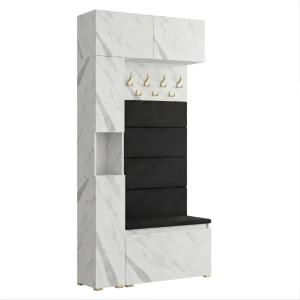 Garderoba Szafka Do Przedpokoju Na Buty z Siedziskiem Słupek Panele Tapicerowane Wieszak Biały Marmur Zestaw Nadstawka 02