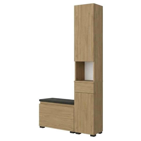 Szafka Do Przedpokoju Na Buty Pojemna z Siedziskiem Słupek Z Półkami Dąb Kamienny Szuflada Nova Sora 01