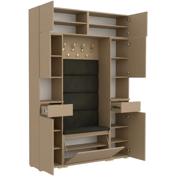 Garderoba Szafka Do Przedpokoju Na Buty z Siedziskiem Słupek Panele Tapicerowane Wieszak Cappuccino Zestaw Nadstawka Szfulada Podwójny 03