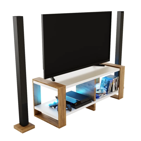 Ława Stolik Pod Telewizor TV Skandynawski Biały + Złoty Craft LED Niko RTV 06