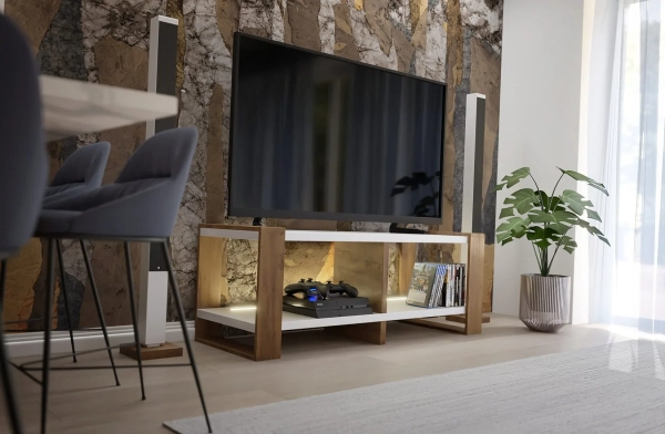 Ława Stolik Pod Telewizor TV Skandynawski Biały + Złoty Craft LED Niko RTV 03