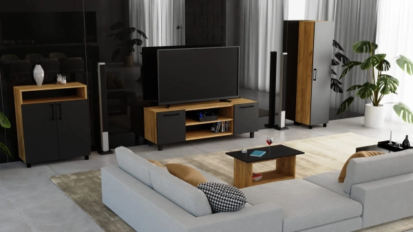 Szafka RTV Komoda Pod Telewizor TV Loft Złoty Craft + Czarna Valeria 03