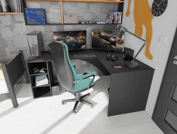 Biurko Gamingowe Komputerowe Narożne Podwójne Czarne Carbon 01