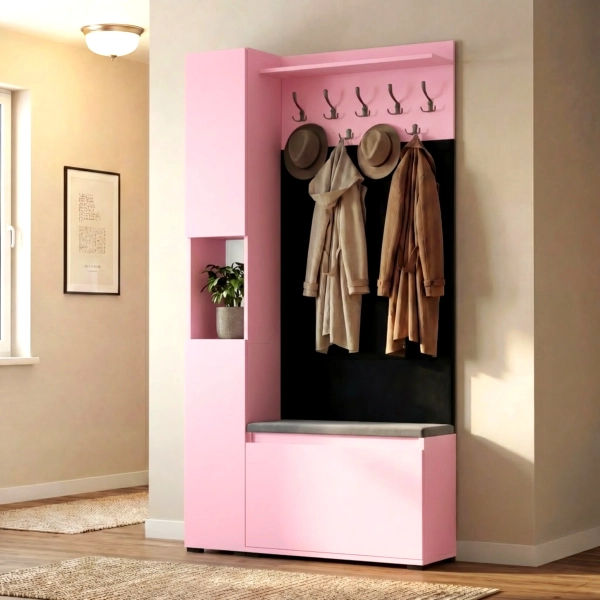 Garderoba Szafka Do Przedpokoju Na Buty z Siedziskiem Słupek Panele Tapicerowane Wieszak Różowy Zestaw 08