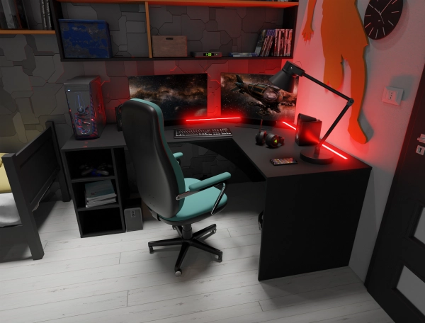 Biurko Gamingowe Komputerowe Narożne Podwójne Z Ledem Czarne Carbon 01