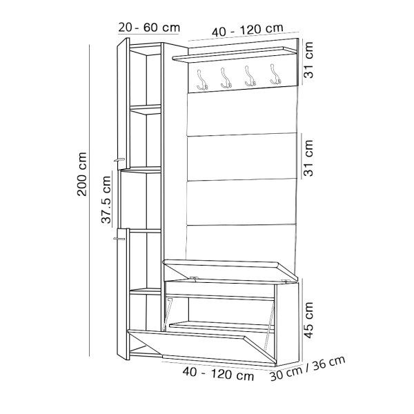 Szafka na buty ryflowana z siedziskiem wieszakiem i słupkiem Biała Lova S 04