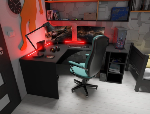 Biurko Gamingowe Komputerowe Narożne Podwójne Z Ledem Czarne Carbon 02