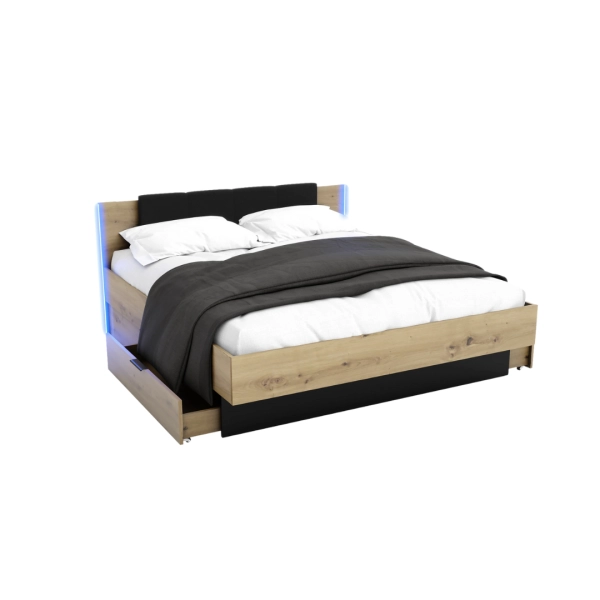 Łóżko Nowoczesne z Szufladami Do Sypialni Sypialniane Podwójne Tapicerowane Dąb Artisan Czarne Arkadia 01