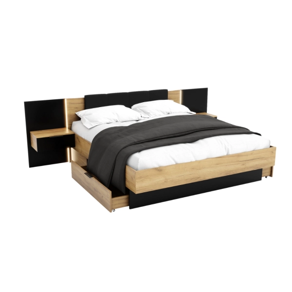 Łóżko Nowoczesne z Szufladami Do Sypialni Sypialniane Podwójne Tapicerowane Dąb Złoty Craft Czarne Arkadia 01