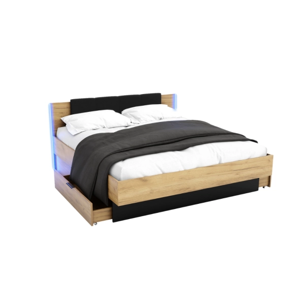 Łóżko Nowoczesne z Szufladami Do Sypialni Sypialniane Podwójne Tapicerowane Dąb Złoty Craft Czarne Arkadia 03