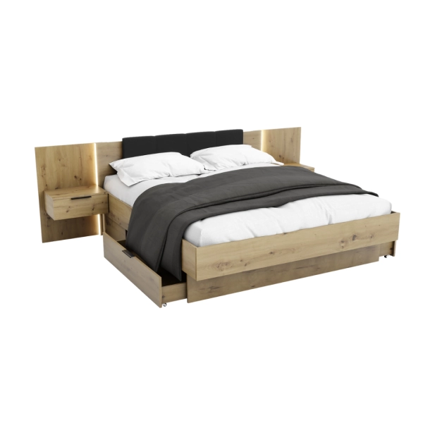 Łóżko Nowoczesne z Szufladami Do Sypialni Sypialniane Podwójne Tapicerowane Dąb Artisan Arkadia 03