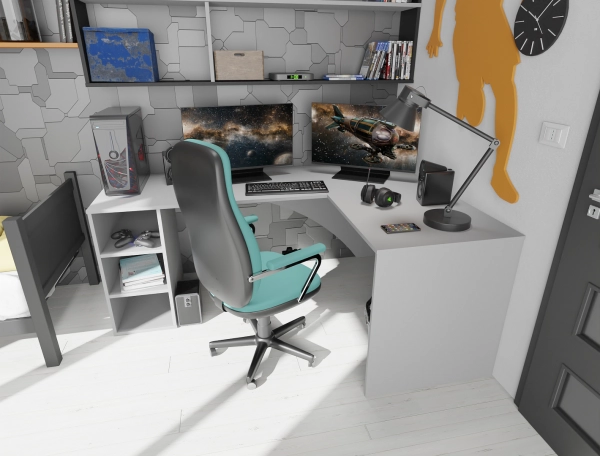 Biurko Gamingowe Komputerowe Narożne Podwójne Białe Carbon 07