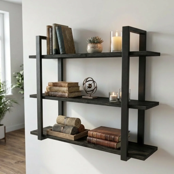 Półka Wisząca Potrójna Metalowa Ścienna do Pokoju Łazienki i Kuchni na Ścianę na Książki Czarny Onyx Artur 02