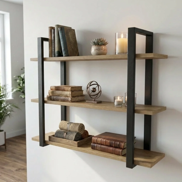 Półka Wisząca Potrójna Metalowa Ścienna do Pokoju Łazienki i Kuchni na Ścianę na Książki Dąb kamienny Artur 02