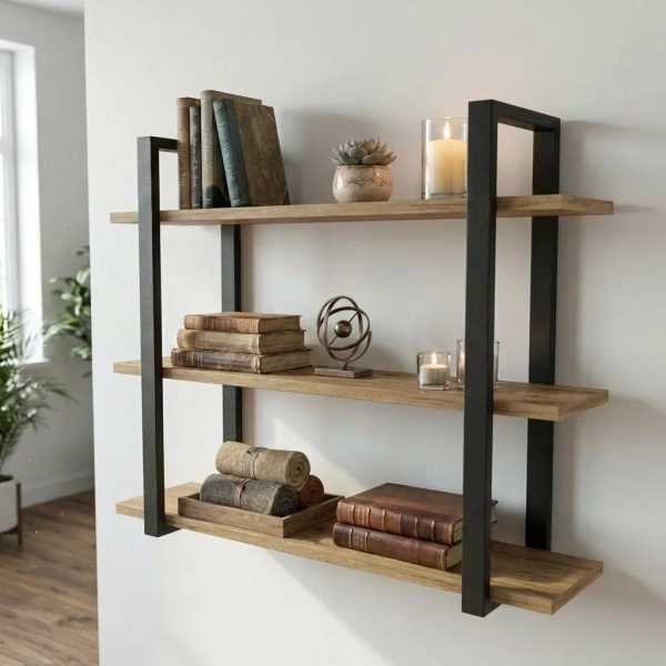 Półka Wisząca Potrójna Metalowa Ścienna do Pokoju Łazienki i Kuchni na Ścianę na Książki Wotan Artur 02