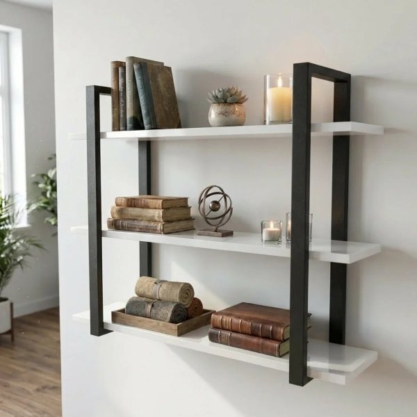 Półka Wisząca Potrójna Metalowa Ścienna do Pokoju Łazienki i Kuchni na Ścianę na Książki Biały Połysk Artur 02