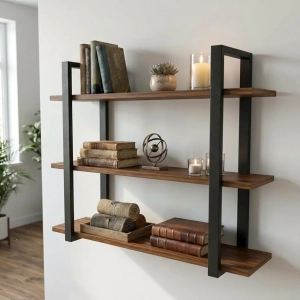 Półka Wisząca Potrójna Metalowa Ścienna do Pokoju Łazienki i Kuchni na Ścianę na Książki Orzech Artur 02