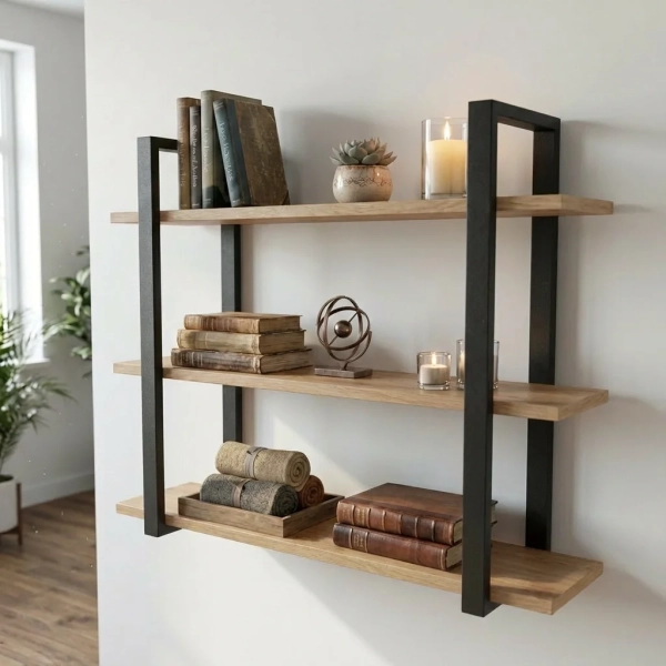 Półka Wisząca Potrójna Metalowa Ścienna do Pokoju Łazienki i Kuchni na Ścianę na Książki Dąb Crenoma Artur 02