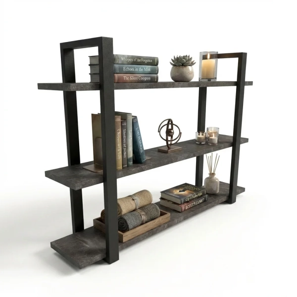 Półka Wisząca Potrójna Metalowa Ścienna do Pokoju Łazienki i Kuchni na Ścianę na Książki Beton Czarny Artur 01